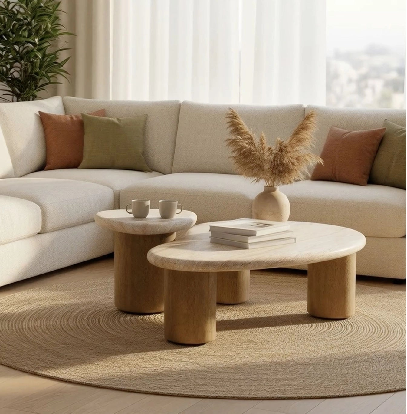Modern living room with a beige sectional sofa, round coffee table, and decorative elements.